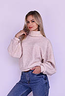 Женский свитер оверсайз, короткий из ангоры рубчик, бежевый