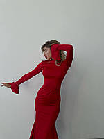 Элегантное женское длинное черное платье с рукавом и юбкой клеш на осень, нарядное, повседневное Красный, 42/44