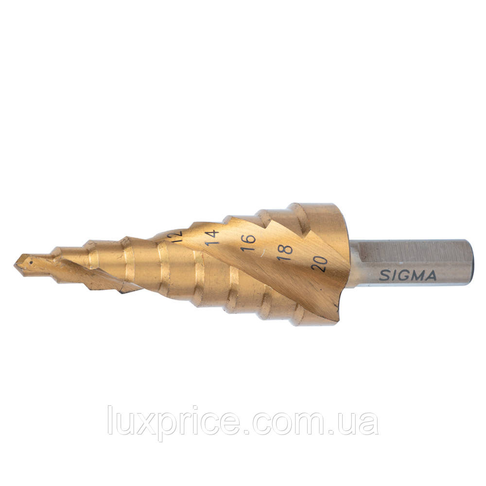 Свердло по металу ступеневе HSS-TIN титанове зі спіральною канавкою Ø4-12мм, крок 2мм (блістер) SIGMA (1183041) Luxprice, фото 1