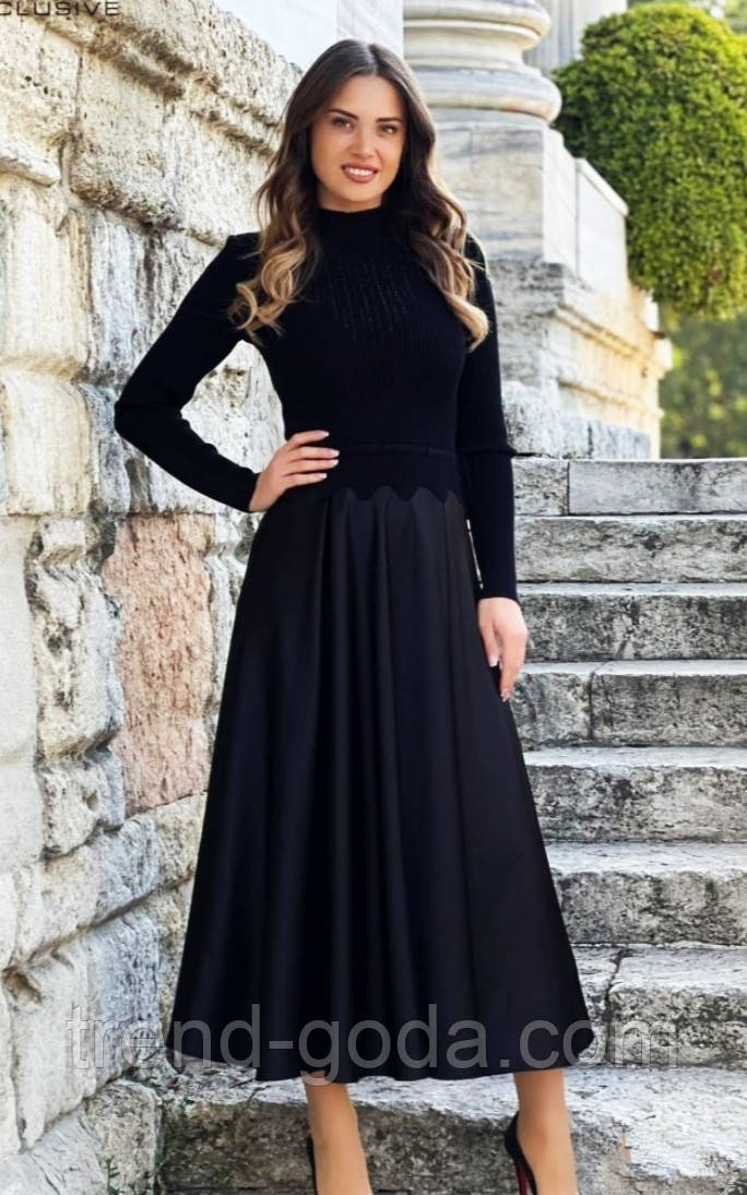 Плаття чорне трикотаж та атлас, нижче коліна,Жіноча сукня елегантна нарядна міді довжина Туречина, фото 1