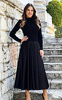 Плаття чорне трикотаж та атлас, нижче коліна,Жіноча сукня елегантна нарядна міді довжина Туречина
