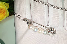 Срібне Кольє/ланцюжок з натуральним перловим перловим і фіанітами "Булавка", срібло 925