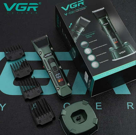Акумуляторна машинка для стрижки VGR V-696 з насадками та LCD дисплеєм/USB зарядка, фото 1