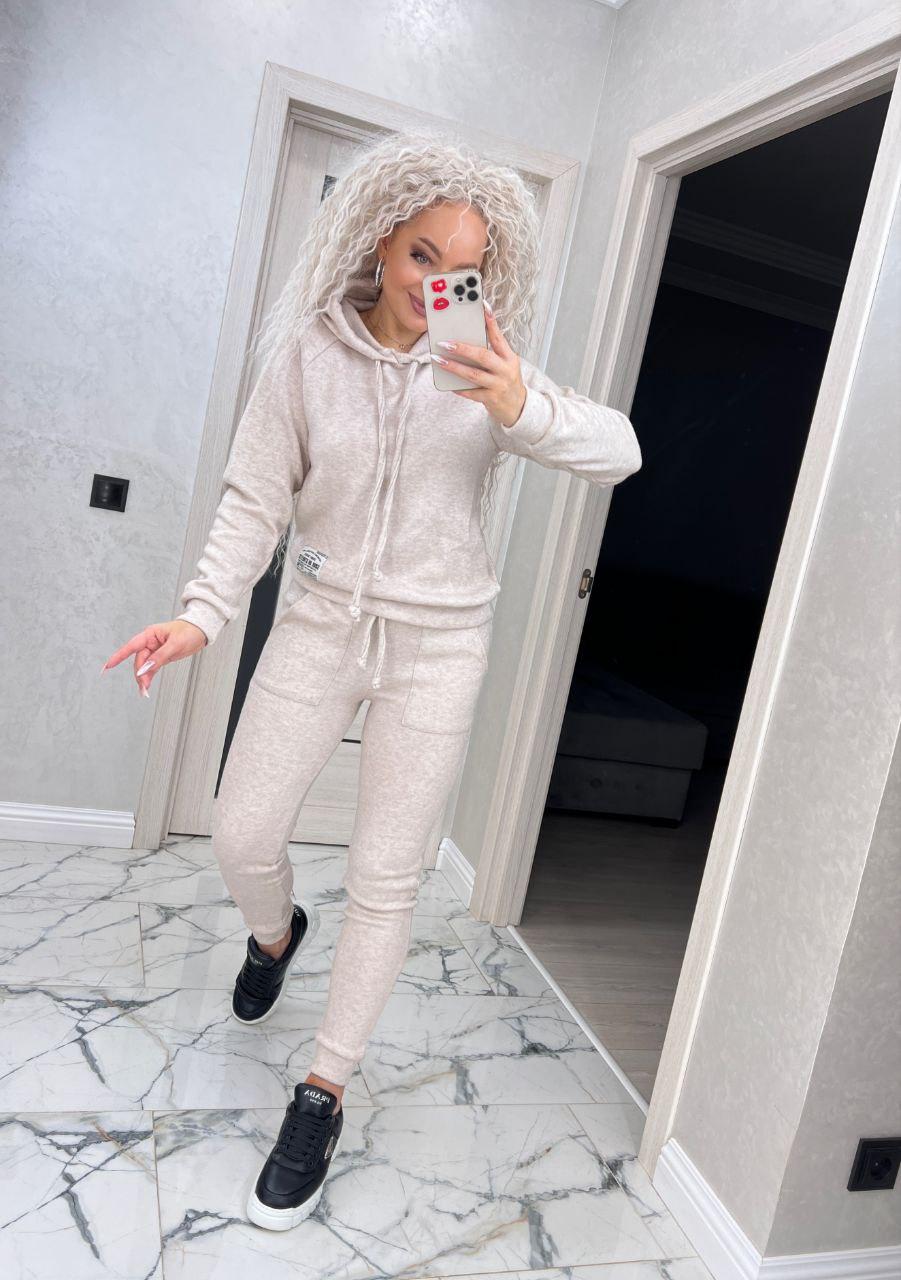 Стильний жіночий теплий прогулянковий костюм — кофта з капюшоном і штани (Розміри M,L), Молочний
