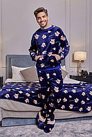 Теплая мужская пижама махровая с принтом, домашний комплект кофта и штаны Медведь Синий