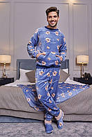 Теплая мужская пижама махровая с принтом, домашний комплект кофта и штаны Медведь Голубой