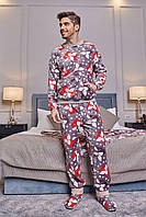 Теплая мужская пижама махровая с принтом, домашний комплект кофта и штаны Лисичка