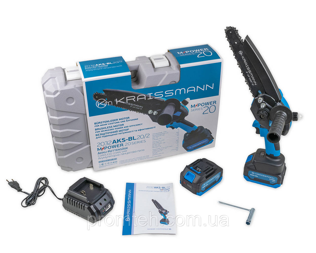 Міні-пила акумуляторна KRAISSMANN 2032 AKS-BL 20/2 (2 ланцюги, в кейсі, безщіткова, з подачей масла), фото 1