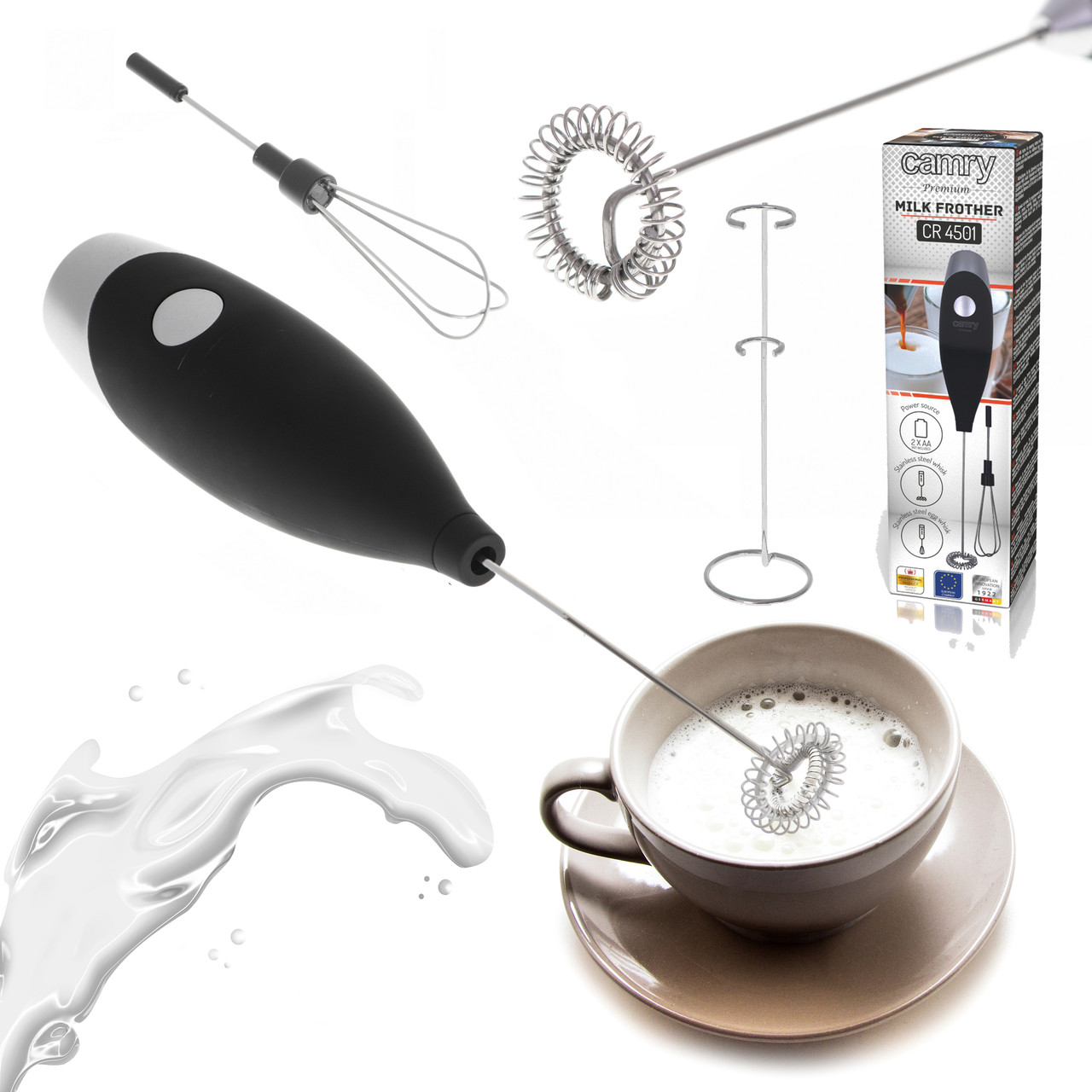 Спінювач молока Camry CR 4501 — з мішалкою, підставкою, 2хАА, фото 1