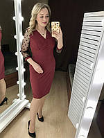 Женское платье батал, рукав сетка в горошек, бордового цвета