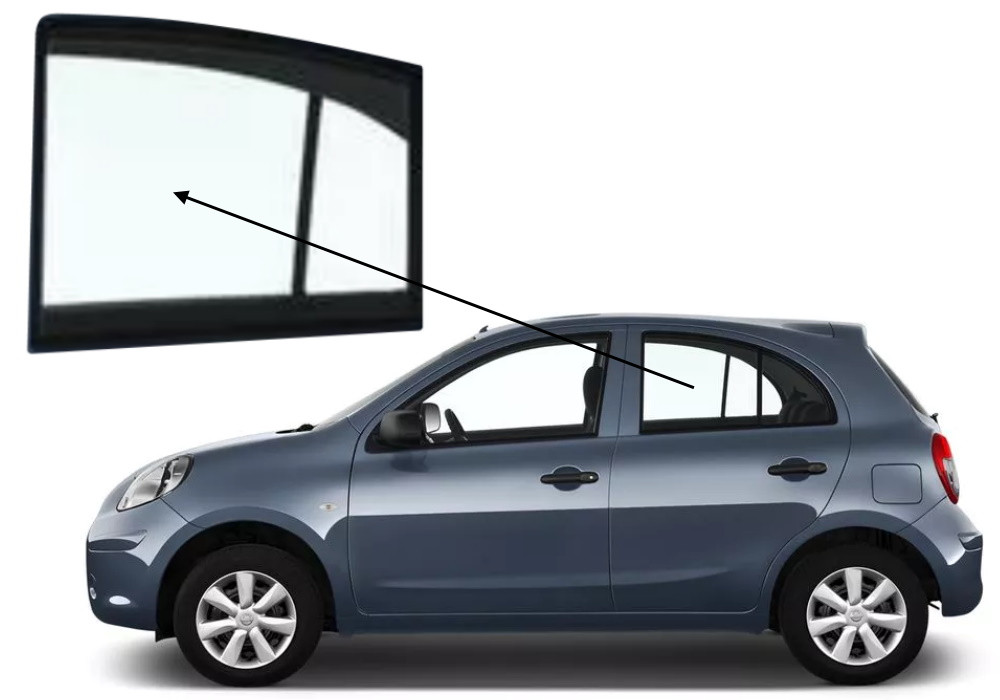 Бічне скло Nissan Micra K13 2011-2016 задніх дверей ліве