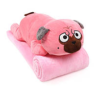 Игрушка с пледом Собака Мопс 60 см (игрушка+подушка+плед) розовая