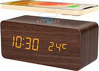 Світлодіодний цифровий будильник дерев'яний зі швидкою бездротовою зарядною станцією Qi 5 Вт USB