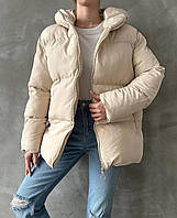 Женская зимняя курточка, оверсайз, с капюшоном, бежевая