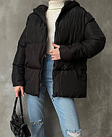 Женская зимняя курточка, оверсайз, с капюшоном, черная