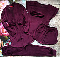 Бордовый подростковый домашний комплект 5 в 1, пижама и халат, велюровый комплект