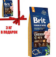 15 кг+3 кг Сухий корм Brit Premium Dog Adult M для дорослих собак середніх порід, з куркою