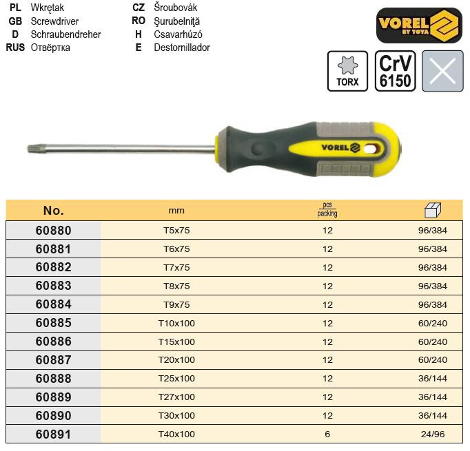 Отвертка TORX Т30х100 мм CrV VOREL-60890