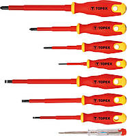 Topex Отвертки, диэлектрические, для работ под напряжением 1000 В, набор 8 ед., с тестером, SL, PH Vce-e То