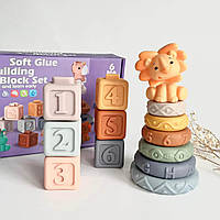 Развивающий силиконовый набор: 6 кубиков + пирамидка лев, для детей, сенсорные, игрушка на годик, на крестины,