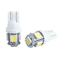 Светодиодные LED лампочки с цоколем T10 (W5W, 9V-12V,5050-5smd БЕЛЫЕ), безцокольные лед лампы в габариты / 2шт