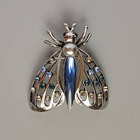 Брошка кулон Метелик синій кристал, різнокольорові стрази, сряблястий метал 44х48мм