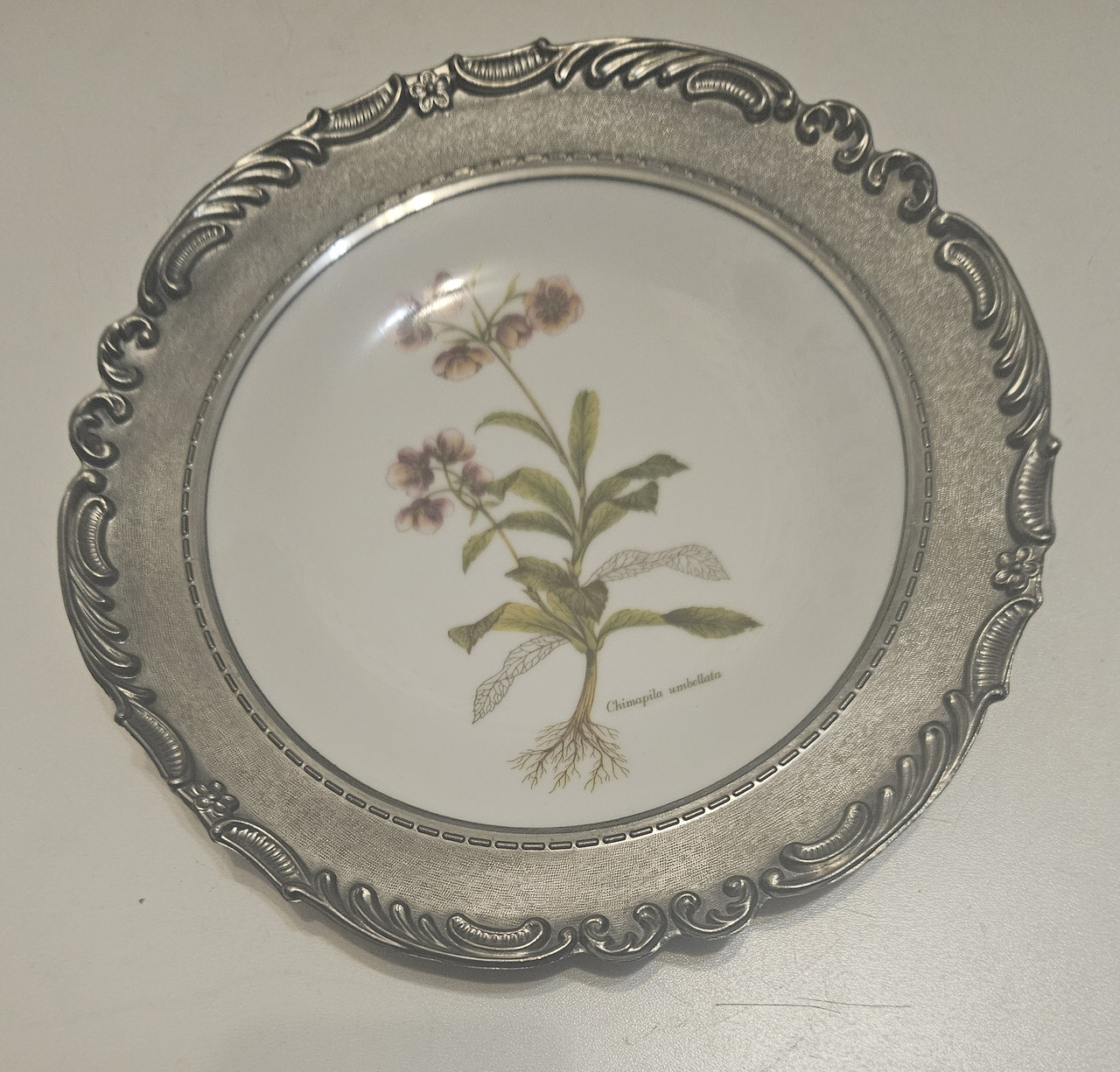 Порцелянова тарілка в олов'яній рамі, фото 1