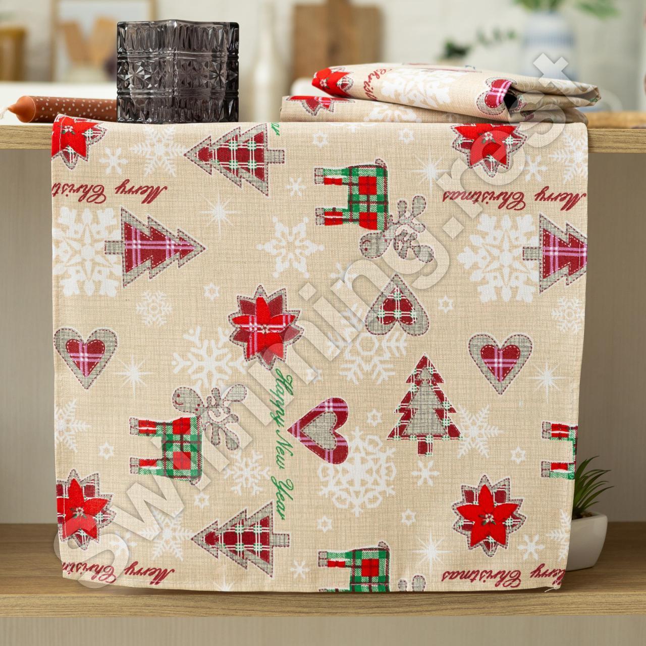 Набір новорічних кухонних лляних рушників - серветок 5 шт 35х75 см  " Подарунок "
