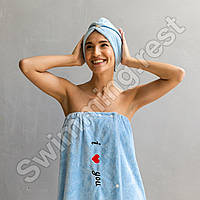 Набір жіночий Рушник-халат, чалма мікрофібра для сауни лазні 140х80 см I Love You Блакитний