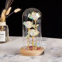 Три троянди в колбі Lesko KY-46456 Тепле світло з LED-підсвіткою нічник під скляним куполом