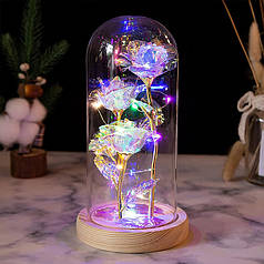 Три троянди в колбі Lesko KY-46456 Кольорове світло з LED-підсвіткою нічник під скляним куполом