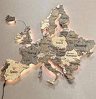 Деревянная настенная карта Европы на акриле с подсветкой между странами цвета Nobel 100х97см