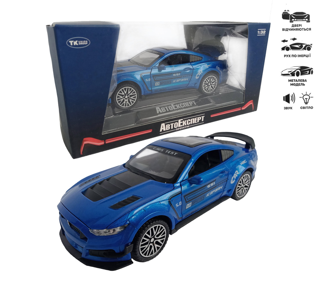 Машинка металева АвтоЕксперт Ford Mustang Shelby GT500 Синя 1:32 світло, звук, інерція, відчиняються двері, 16*6*5см (GT-1712), фото 1