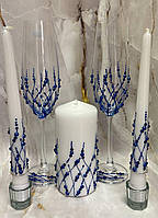 Набор синих свадебных бокалов и свечей Семейного очага мод. "Кристи-2"