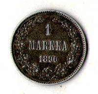 Россия для Финляндии 1 марка 1890 год Александр III серебро №321