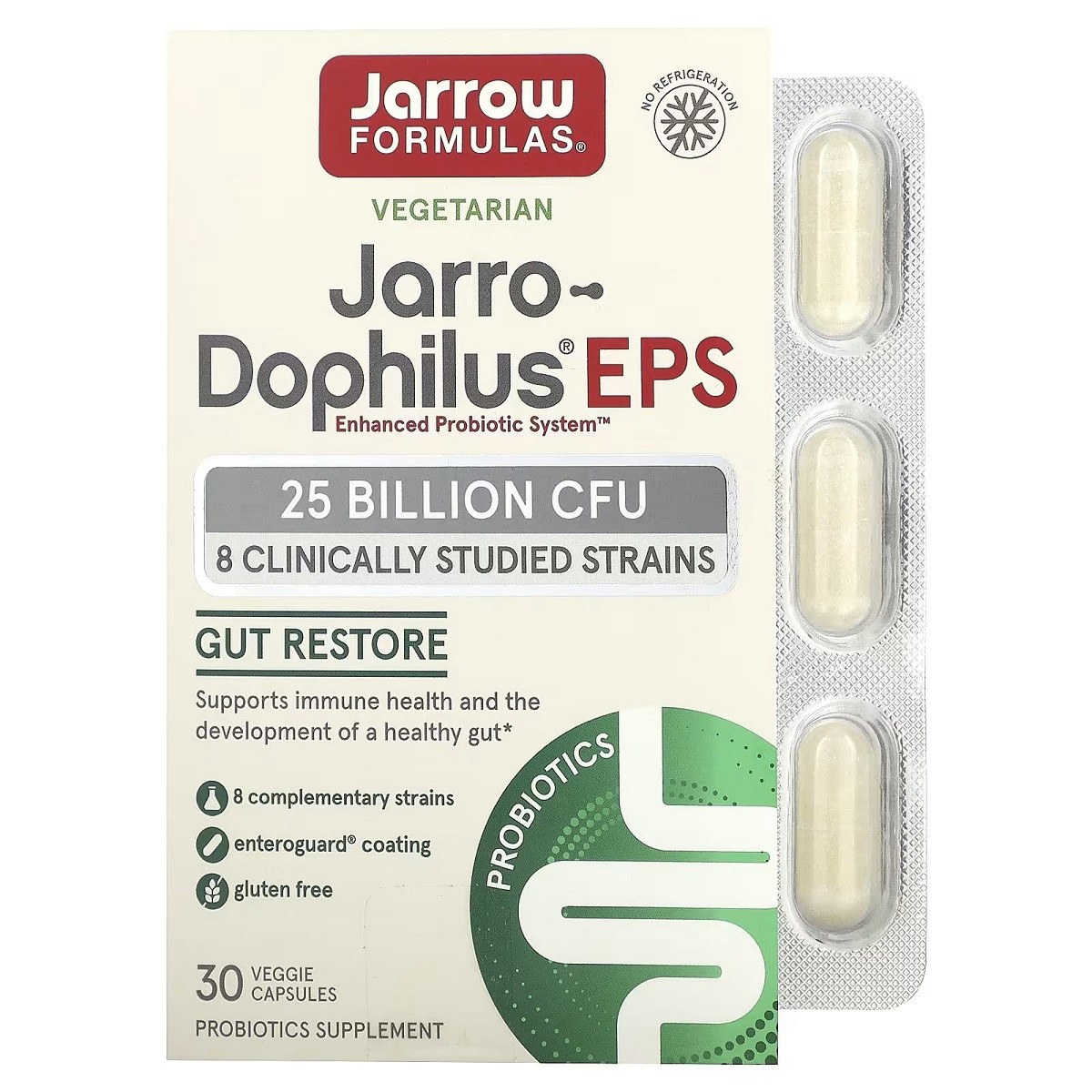 Пробіотики, 25 млрд КУО, Jarro-Dophilus EPS, Jarrow Formula, 30 вегетаріанських капсул