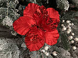 Новорічний квітка на ялинку "Магнолія оксамит гліттер, 22 см,червоного кольору, фото 4