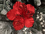 Новорічний квітка на ялинку "Магнолія оксамит гліттер, 22 см,червоного кольору, фото 6