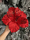 Новорічний квітка на ялинку "Магнолія оксамит гліттер, 22 см,червоного кольору, фото 3