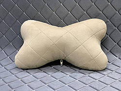 Подушка під голову в машину з Алькантари (штучної замші). Бежева, великий ромб, 1 шт