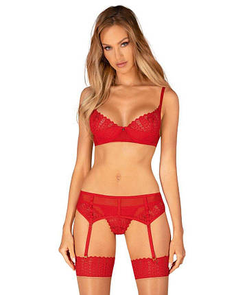 Комплект Obsessive Ingridia 3-pcs set XS/S, червоний, бюстгальтер, стрінги, пояс, фото 1