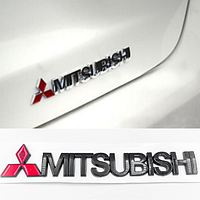 Емблема наклейка MITSUBISHI (Мітсубісі) ЛОГО Червоний Чорний глянець напис — 15х2.8 см