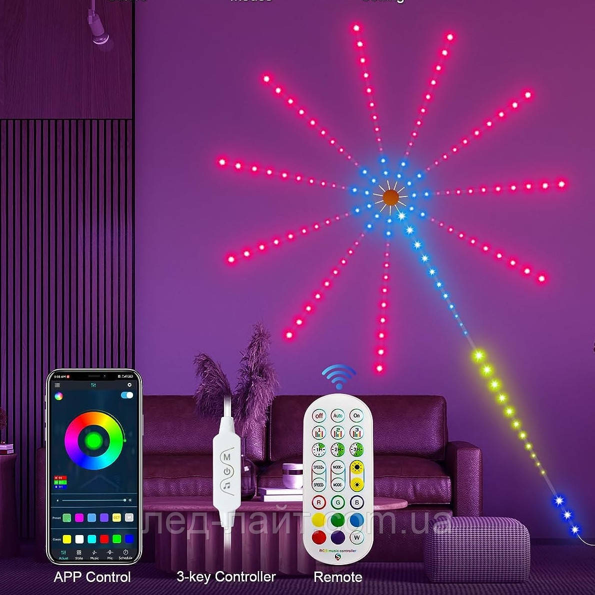 USB LED гірлянда "Феєрверк" смарт Bluetooth, пульт RF 24 кнопки, мікрофон