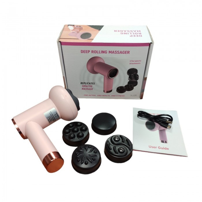 Масажер антицелюлітний акумуляторний для тіла рук і ніг 4 насадки 6 швидкостей Deep Rolling Massager Рожевий