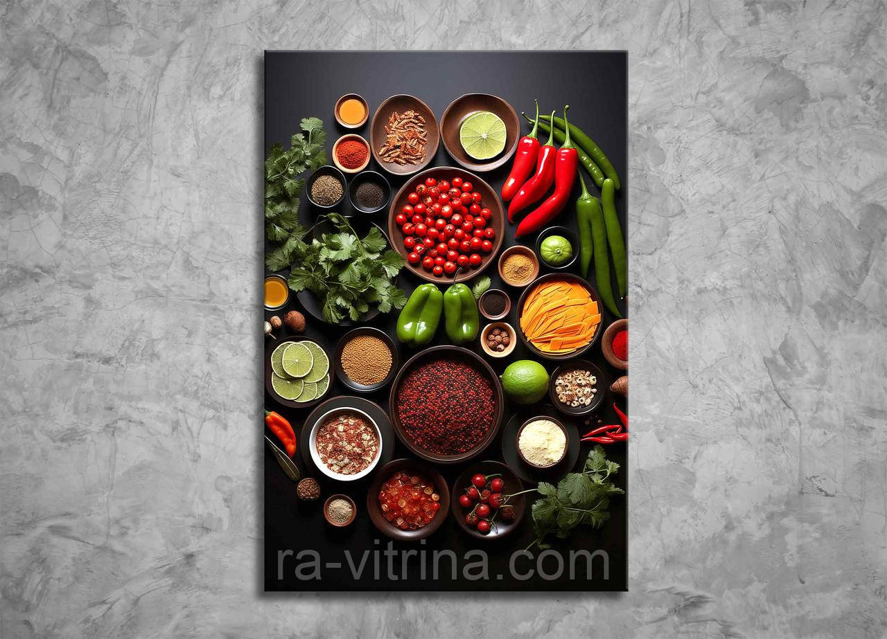 Картина Овочі та Спеції на Кухню Яскравий Декор на Стіну Мексиканська Кухня Кухонна Картина Їжа Базилік Помідори