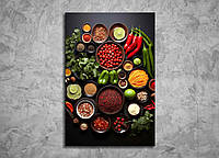 Картина Овощи и Специи на Кухню Яркий Декор на Стену Мексиканская Кухня Кухонная Картина Еда Базилик Помидоры 60x40