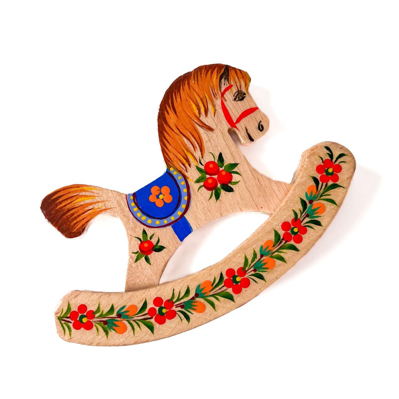 Коник іграшка дерев'яна ручної роботи Петриківський розпис 11х8см "СИНЯ" Український сувенір, фото 1