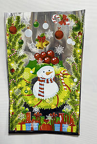 Пакети новорічні з малюнком "Сніговик і подарунки" 25х40