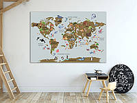 Детская карта на стену "Карта мира" с животными, декор в детскую комнату