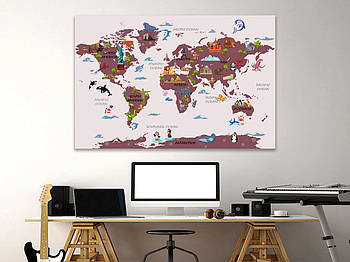 Карта світу дитяча на полотні велика, друк на полотні в рамі для декору